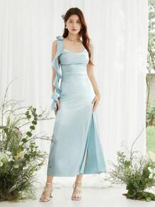 SHEIN LUNE 女士深 V 领蝴蝶结装饰 3D 花卉缎面针织连衣裙 - 淺藍色 - 查看 1