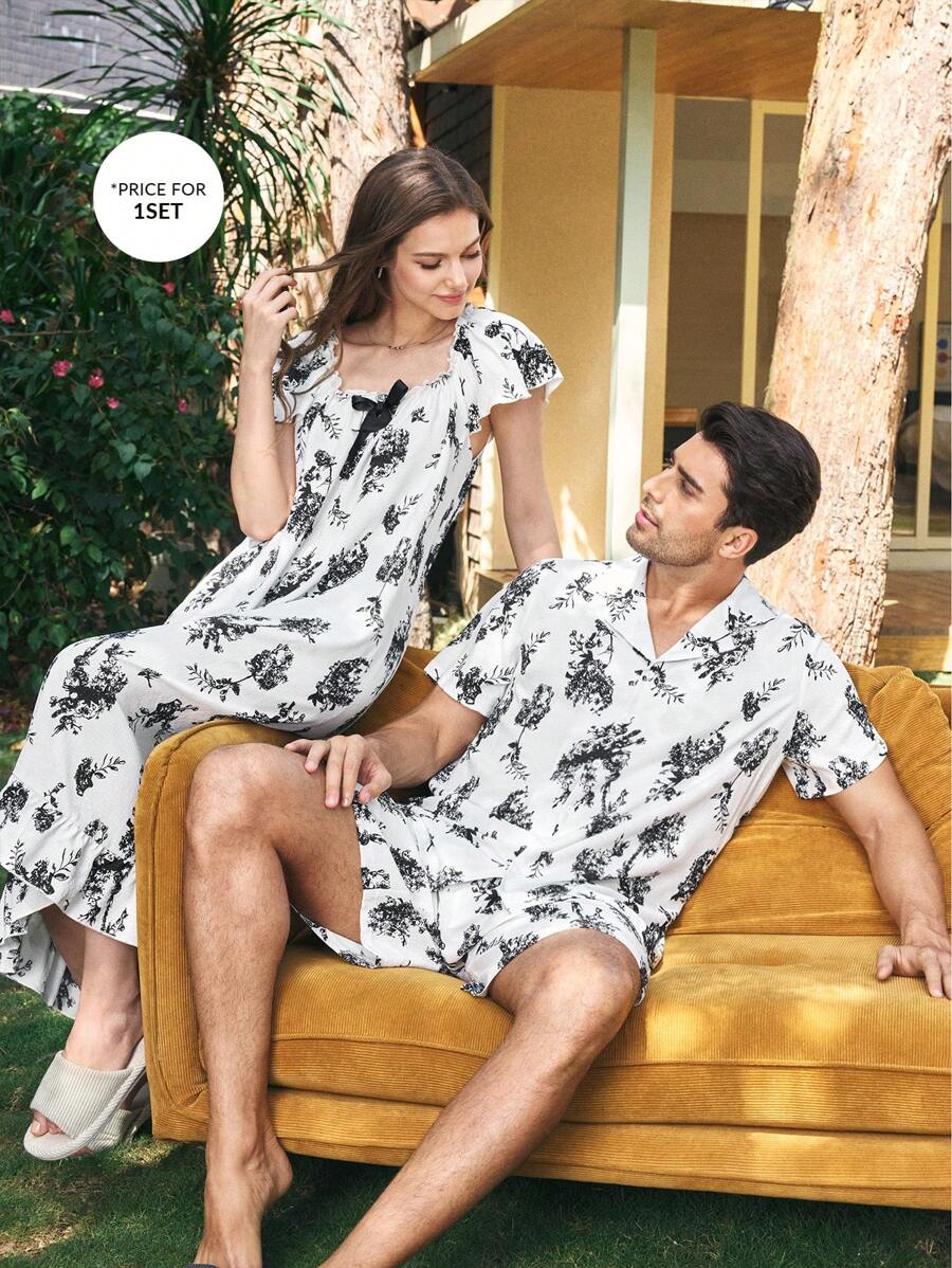 CoupledUp Conjunto de pijama para hombre con estampado de flores de tinta, cuello vuelto, apertura frontal y mangas cortas con pantalón corto - Blanco y Negro - Ver 1