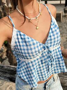 Jouncy 褶皱蕾丝拼布纹理格子吊带背心上衣，清爽可爱，适合春夏