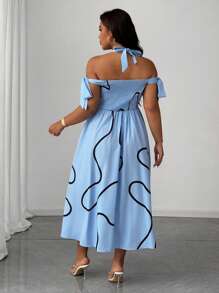 SHEIN Unity Váy chữ A màu đen đơn giản có cổ yếm và eo, mùa hè - Màu xanh lam - Xem 5