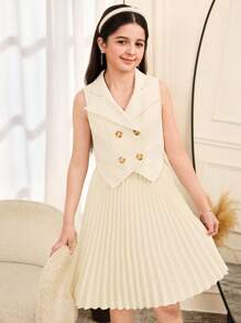 SHEIN Conjunto de 2 piezas para niñas preadolescentes con chaleco corto abotonado informal elegante de moda de calle y falda plisada - Beis - Ver 4