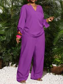 Slaydiva Conjunto de 2 piezas de talla grande para mujer de estilo occidental, con top de manga larga y pantalones de unicolor morado, cuello con muesca - Morado - Ver 8