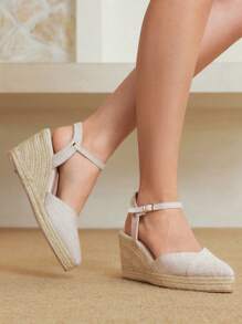 Styleloop Women's Simple Canvas Shoes With Ankle Strap, Elastic Band, Zipper Closure, Round Toe With Metal Hollow Buckle, Woven Platform Wedge Sandals For Vacation - Apricot - View 10