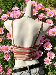 Comfortcana Women's Knitwear Micro Crop Top: Sleeveless Spaghetti Strap Knit Top With Multicolor Stripes Detail - Multicolor - View 5