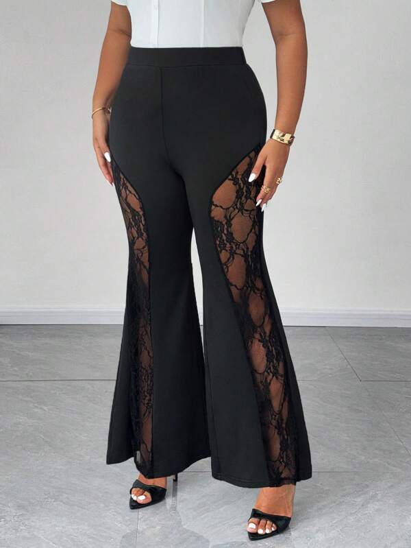 Celure Plus Size Women Lace Patchwork Sheer Flare Pants