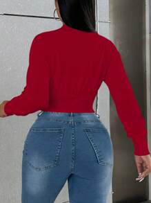 Chaqueta casual de mujer de un solo botonadura, de manga larga y hombros caídos, de unicolor - Rojo - Ver 2