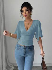 Selianne Casual Vacation Asymmetrical Ruffle Short Sleeve Crop Top For Women - Dusty Blue - View 3