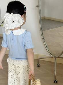 DAZY Young Girls Cute Bowknot Collar Short Sleeve T-Shirt, Summer - Blue - View 2