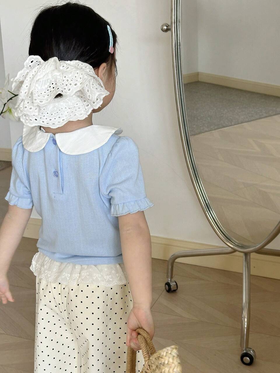 Young Girls Cute Bowknot Collar Short Sleeve T-Shirt, Summer