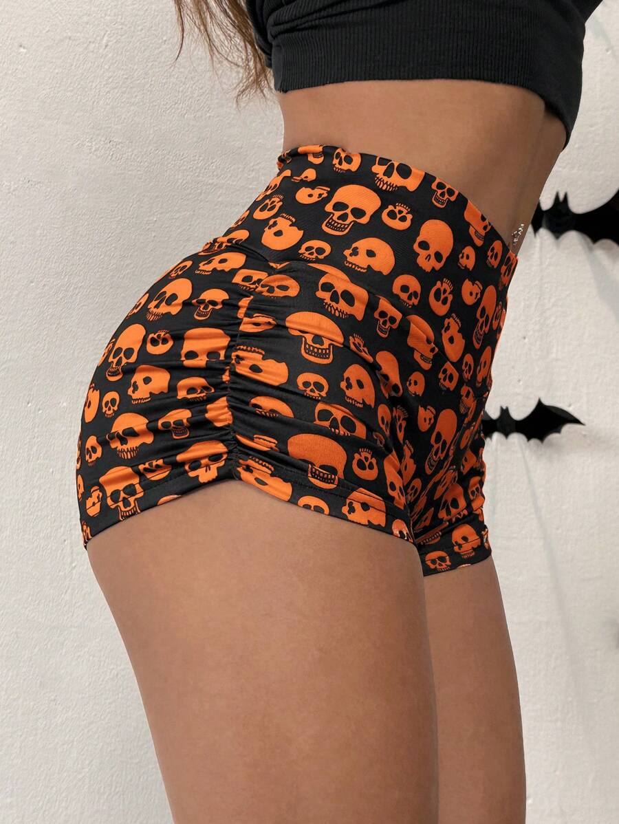 SHEIN EZwear 万圣节骷髅印花短款踝长打底裤 - 亮橙色 - 查看 1