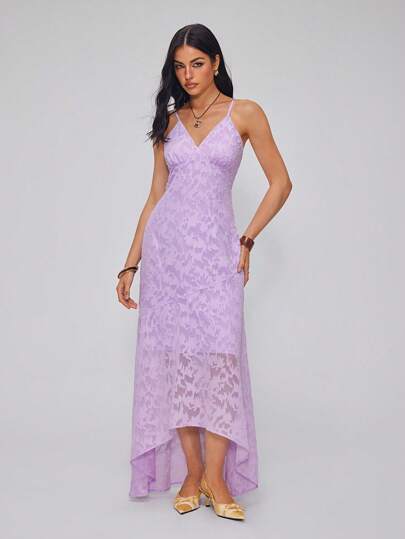 Roylia Women's Elegant Sexy V-Neck Spaghetti Strap Asymmetrical Ruffle Chiffon Ditsy Floral Jacquard Fishtail Hem Bodycon Dress, Suitable For Daily Dates, Weddings, Elegant Gatherings, Prom