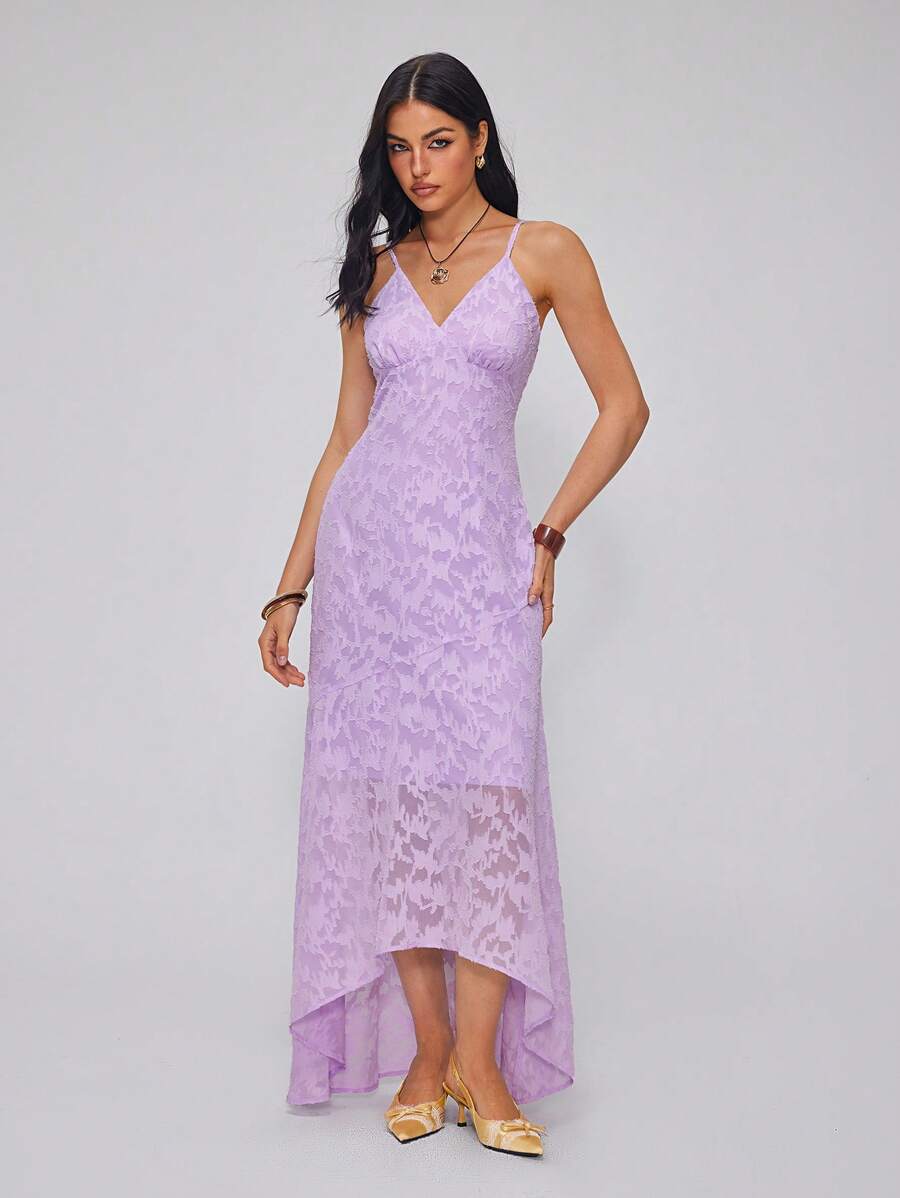 Roylia Women's Elegant Sexy V-Neck Spaghetti Strap Asymmetrical Ruffle Chiffon Ditsy Floral Jacquard Fishtail Hem Bodycon Dress, Suitable For Daily Dates, Weddings, Elegant Gatherings, Prom