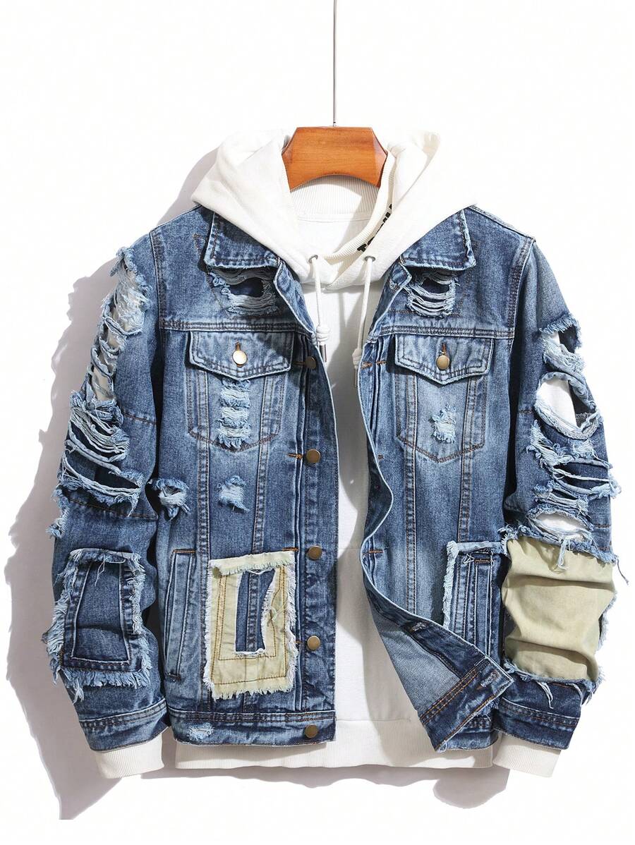 Manfinity Homme Chaqueta vaquera de manga larga con botones y desgarros para hombre, de moda para el verano y el otoño - Azul lavado medio - Ver 1