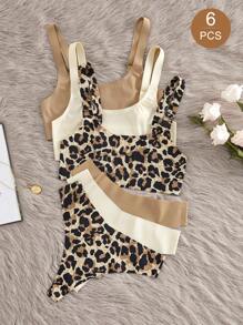 Bare Chapter 6件套休闲女士舒适简约时尚豹纹无衬里无钢圈文胸和低腰丁字裤内衣套装 - 彩色 - 查看 3