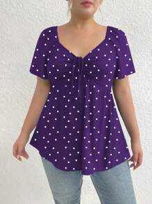 SHEIN LUNE Plus Size Women Polka Dot Print Drawstring Front Short Sleeve Fitted Knit T-Shirt, Summer - Multicolor - View 3