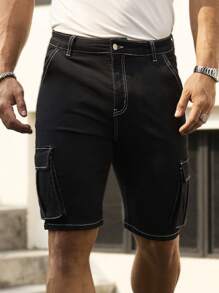 Manfinity Homme Men's Black Washed Denim Cargo Shorts, Streetwear Style Skinny Fit - Black - View 3
