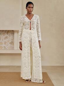 Arave 2pcs/Set Women Solid Color Hollow Long Sleeve V-Neck Cardigan & Straight Leg Pants, Casual Outdoor Beach Vacation Outfit For / Fall Women Clothes Fall Outfits Women Fall Autumn Clothes - Beige - View 7