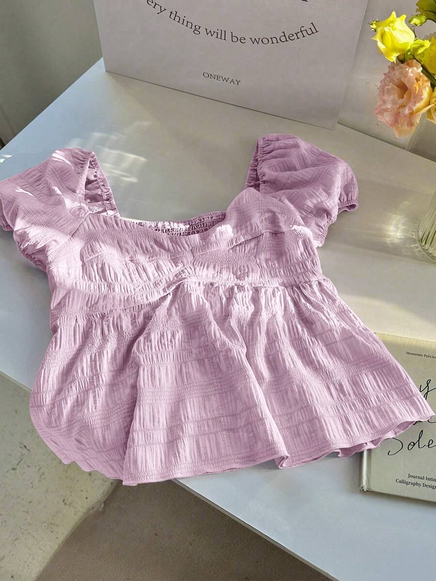 SHEIN Unity 女式红色短袖衬衫，高科技材料制造，方领，收腰，纽扣设计 - 淡紫色 - 查看 1