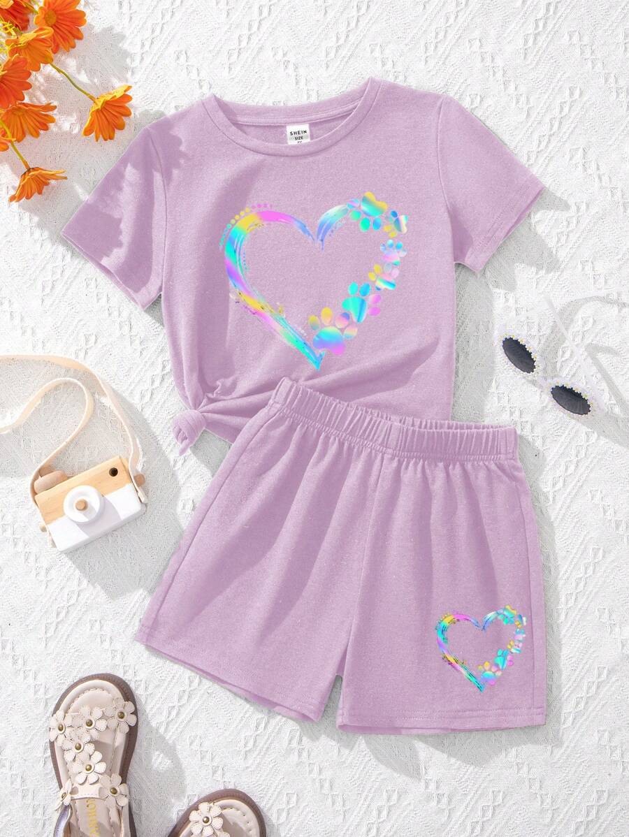 SHEIN Leap Crew Tween Girl Casual Minimalist Short Sleeve And Shorts 2 Pieces Set, Suitable For Summer - Mauve Purple - View 1