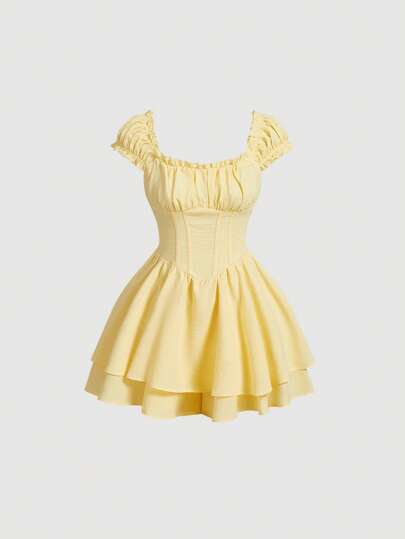 SHEIN MOD Solid Frill Trim Ruched Bust Ruffle Hem Yellow Cap Sleeves Double Hem Skort Romper