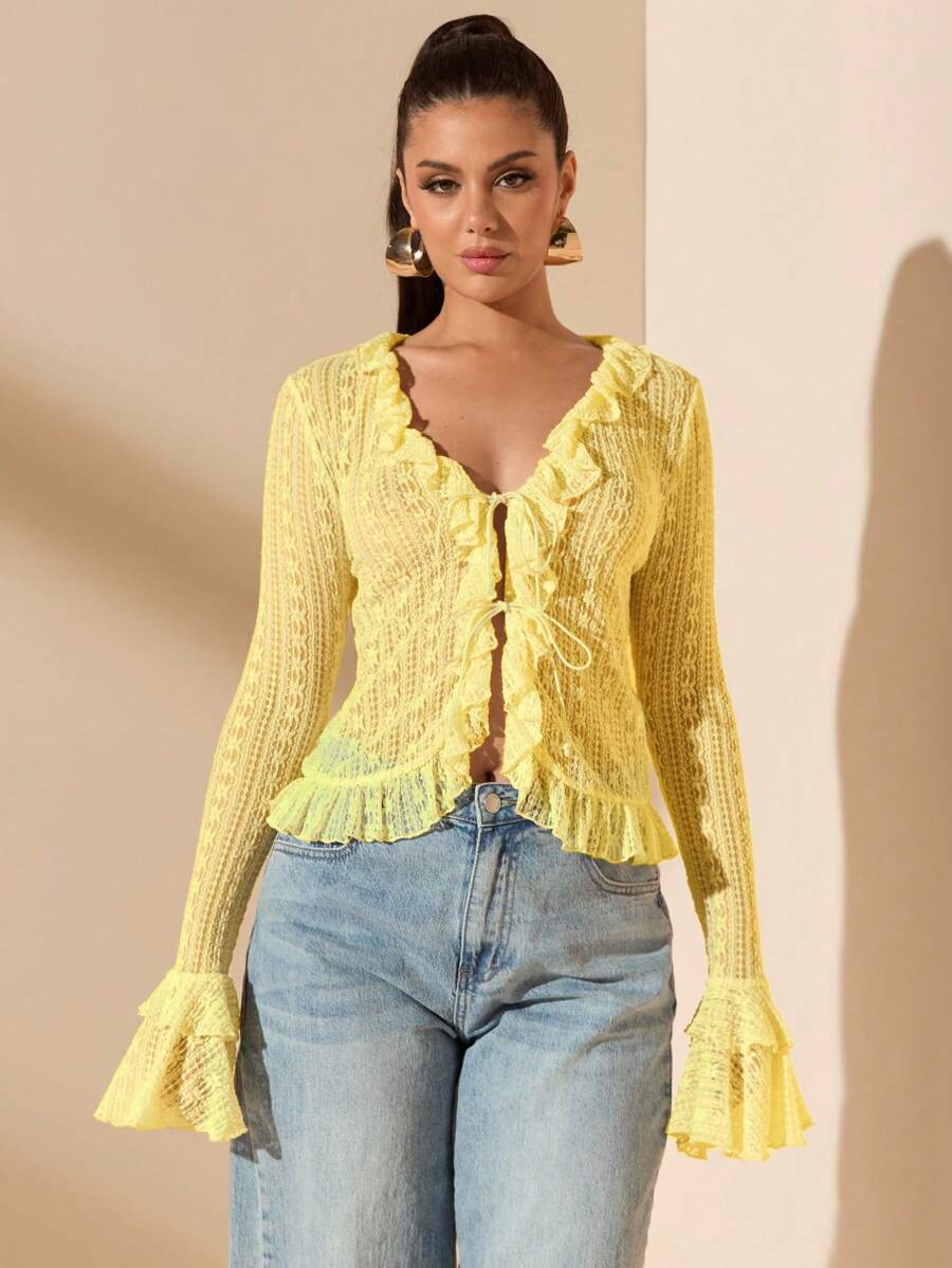 SHEIN BAE Apricot Lace Blouse With Ruffle Trim & Tie Neck, Sexy Minimalist Design, Versatile For Spring, Summer, Date, Party, Wedding, Work And Daily Wear - Yellow - View 1