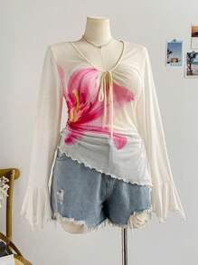 Soleia Plus Size Women Spring Vacation V-Neck Floral Print Net Fabric Bowknot Asymmetric Ruffle Hem Long Sleeve Blouse