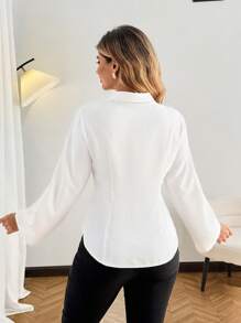 Flirla New White Stylish Fitted Shirt For Women, Patchwork Button Closure, Plus Size - White - View 2