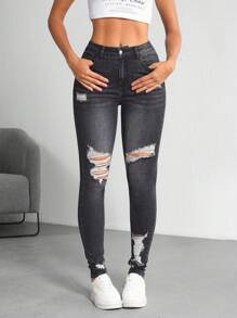 SHEIN Tall Women's Distressed Ripped Denim Jeans, Fashionable For Summer - Black - View 1