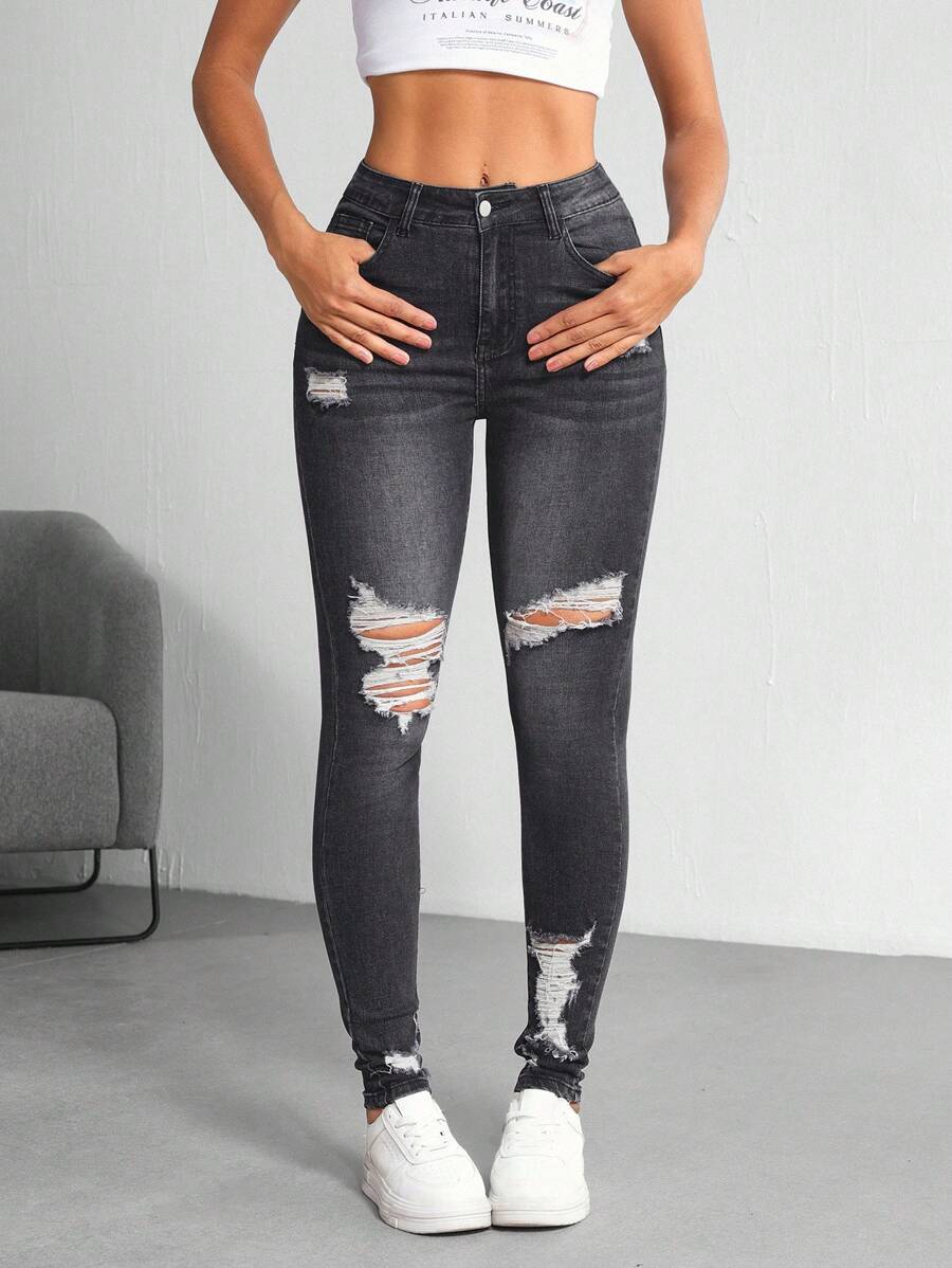 SHEIN Tall Women's Distressed Ripped Denim Jeans, Fashionable For Summer - Black - View 1