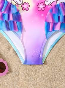 SHEIN Young Girl Gradient Unicorn Print Ruffled One-Piece Swimsuit, Summer