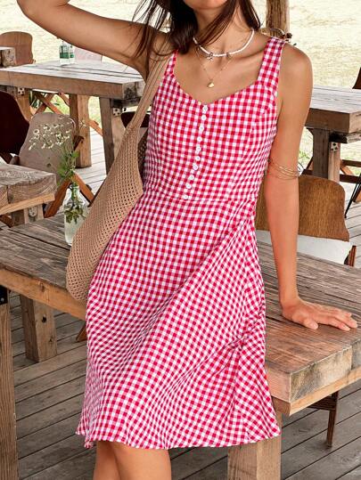 Jouncy 女式夏季休闲格子无袖吊带裙