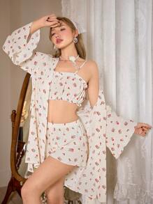 CottageSlumber 3件套碎花荷叶边女士睡衣套装 - 彩色 - 查看 3