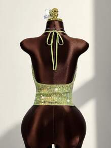 Amplova Top de tirantes con cuello drapeado y espalda con lazo, sexy, para mujer, ideal para vacaciones de verano - Verde - Ver 2