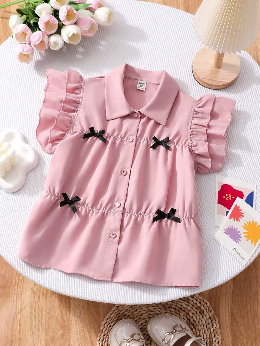 泡泡袖蝴蝶结百褶衬衫，甜美日韩风，适合少女通勤/上学，夏季 - 粉色 - 查看 1