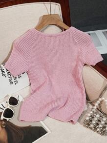 Spring/Summer Solid Color Short Sleeve Lace-Up Knit Sweater For Women Knit Pullover Fall Winter - Mauve Purple - View 2