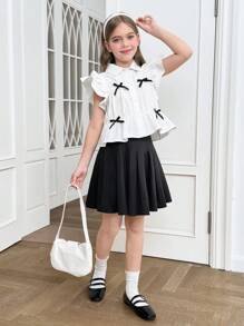 SHEIN Tween Girls' Cute Summer School Back-To-School Black And White 2 Pieces Set,Woven Cap Sleeve Bow Ruffle Trim White Blouse And Black Pleated Skirt - Black and White - View 8