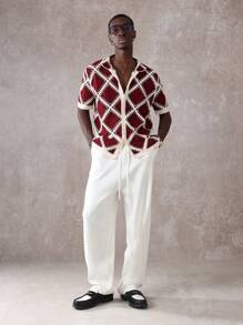 SUMWON Crochet Pattern Short Sleeve Knit Polo Shirt Relaxed Fit Designer Golf Tennis Business Casual Summer Spring Textured Diamond Modern - Red and White - View 8