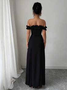 Selianne Đầm nữ thanh lịch, lãng mạn, trễ vai, xếp ly eo, vạt chữ A, chất liệu chiffon, phối ren. - màu đen - Xem 2