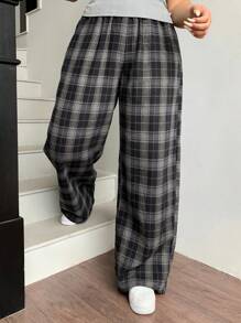 Dazy Plus Quần ống đứng kẻ caro rộng rãi phong cách đường phố thường ngày cho nữ cỡ lớn - màu đen - Xem 8