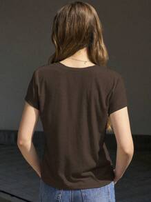 Jouncy Women Casual Star Print V-Neck Short Sleeve T-Shirt, Summer - Coffee Brown - View 2