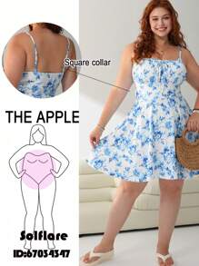 SHEIN EZwear Summer Sexy Blue & White Floral Knit Tight Bodycon Mini Dress With Spaghetti Straps - Multicolor - View 2