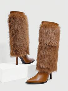 CUCCOO SZL Sexy Fashion Brown Furry Decor Pointed Toe Slim High Heel Glamorous Sexy Party Event Side Zipper Women Knee High Boots - Brown - View 6
