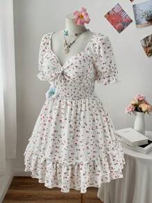 Flirla Plus Size Women's Spring/Summer Square Neck Twisted Chest Short Sleeve Ruched Double Hem Ditsy Floral White Knee-Length Dress - White - View 5