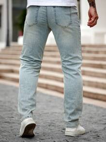 Manfinity EMRG Men's Light Blue Distressed Denim Skinny Jeans, Streetwear Elastic Fit