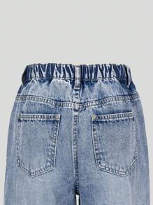 Sparklyn 时尚少女中长款水洗破洞松紧腰直筒休闲牛仔裤 - 中等水洗藍 - 查看 7