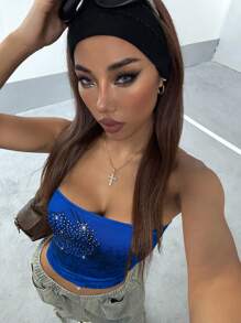 SHEIN X Lucía Bellido StreetHx 街头服饰女式水钻装饰摇滚短款吊带背心 - 藍色 - 查看 5