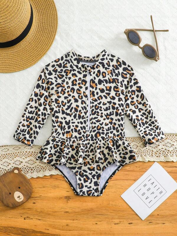 SHEIN Infant/Baby Girl Cute Leopard  Print Ruffled One-Piece Swimsuit, Suitable For Beach Holiday