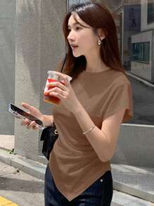 DAZY Women Close-Fitting Asymmetric Hem Cinched Waist T-Shirt Short Sleeve Top - Brown - View 2