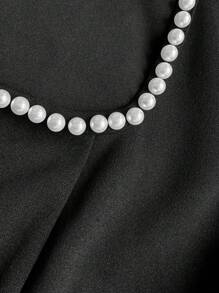 Viva Relle Plus Size Summer Elegant Faux Pearl Beaded Puff Sleeve Dress - Black - View 2