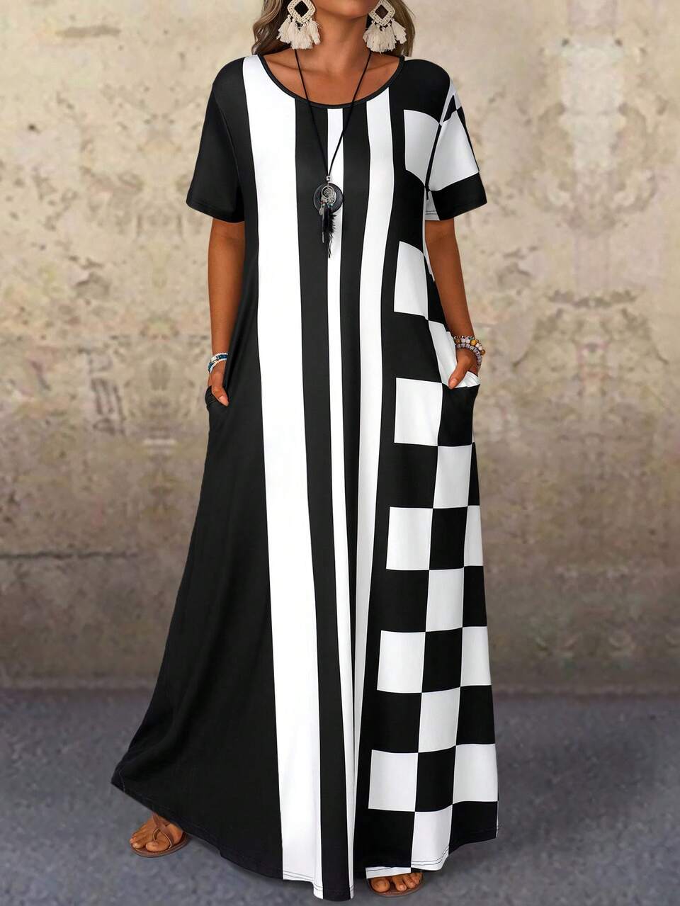 Plus Size Women Black And White Summer Elegant Smart Casual Round Neck Short Sleeve Colorblock Printed Dress,Vacation Bohemia Flower Sun Dresses